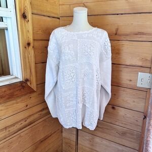 Vintage White Crochet Lace Patchwork Knit Sweater Womens Large Ramie Cotton 90's